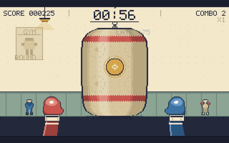 A round in progress in 8BIT Boxer's demo mode: the heavy bag, the gloves and the round HUD, captured in the game itself.