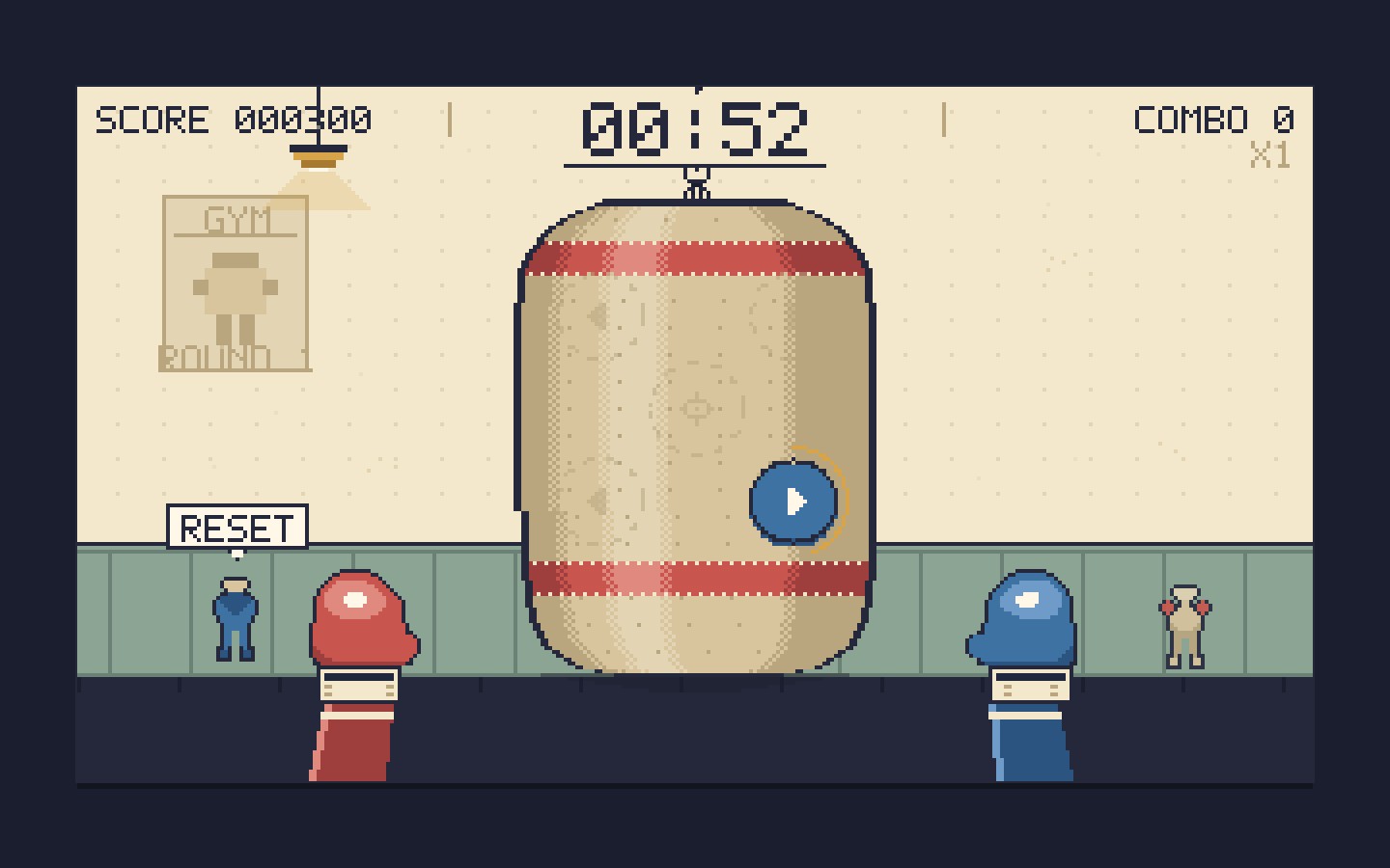 A demo round in progress, played from the keyboard: the bag under the round timer, both gloves reaching it, and the score and combo HUD.