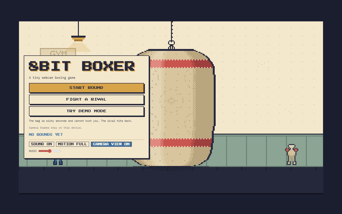 The game's title screen: the pixel-art ring with the heavy bag, the two boxers, and the round menu over it.