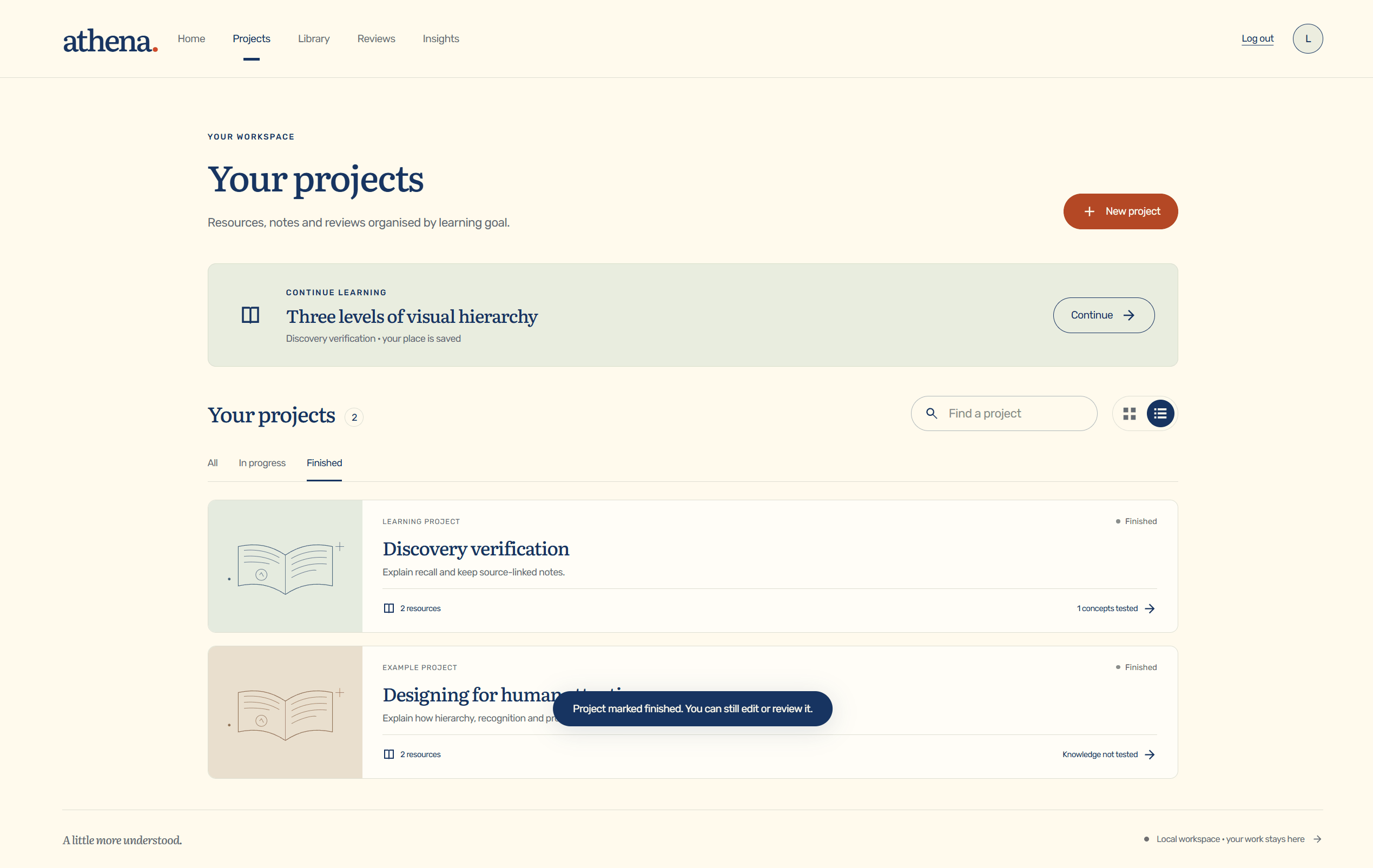 Athena's project dashboard: learning activity and knowledge evidence reported as separate records.