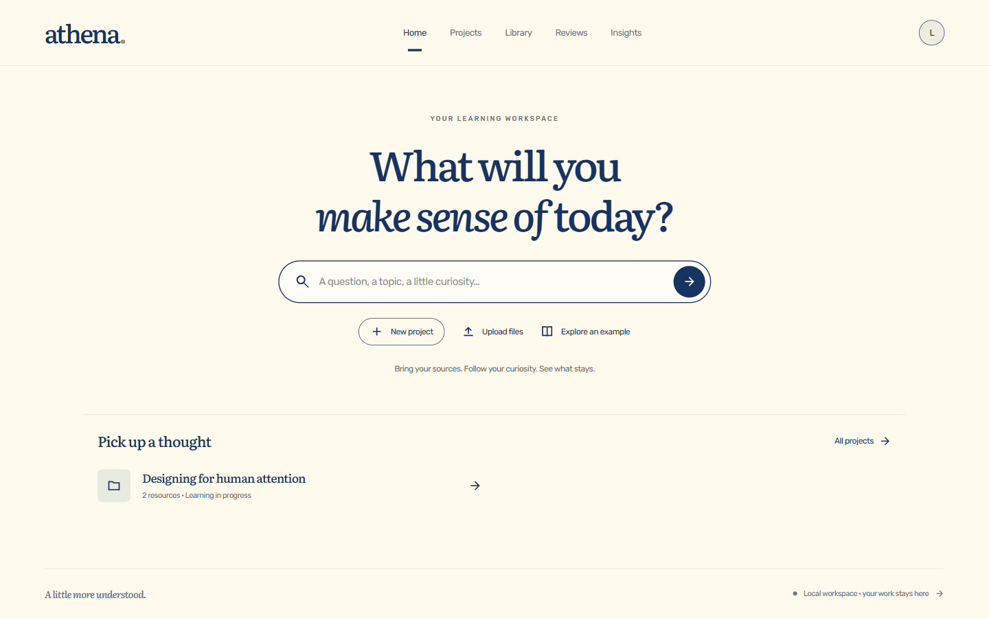 Athena's workspace home: one project holding its resources, notes, review and insights.