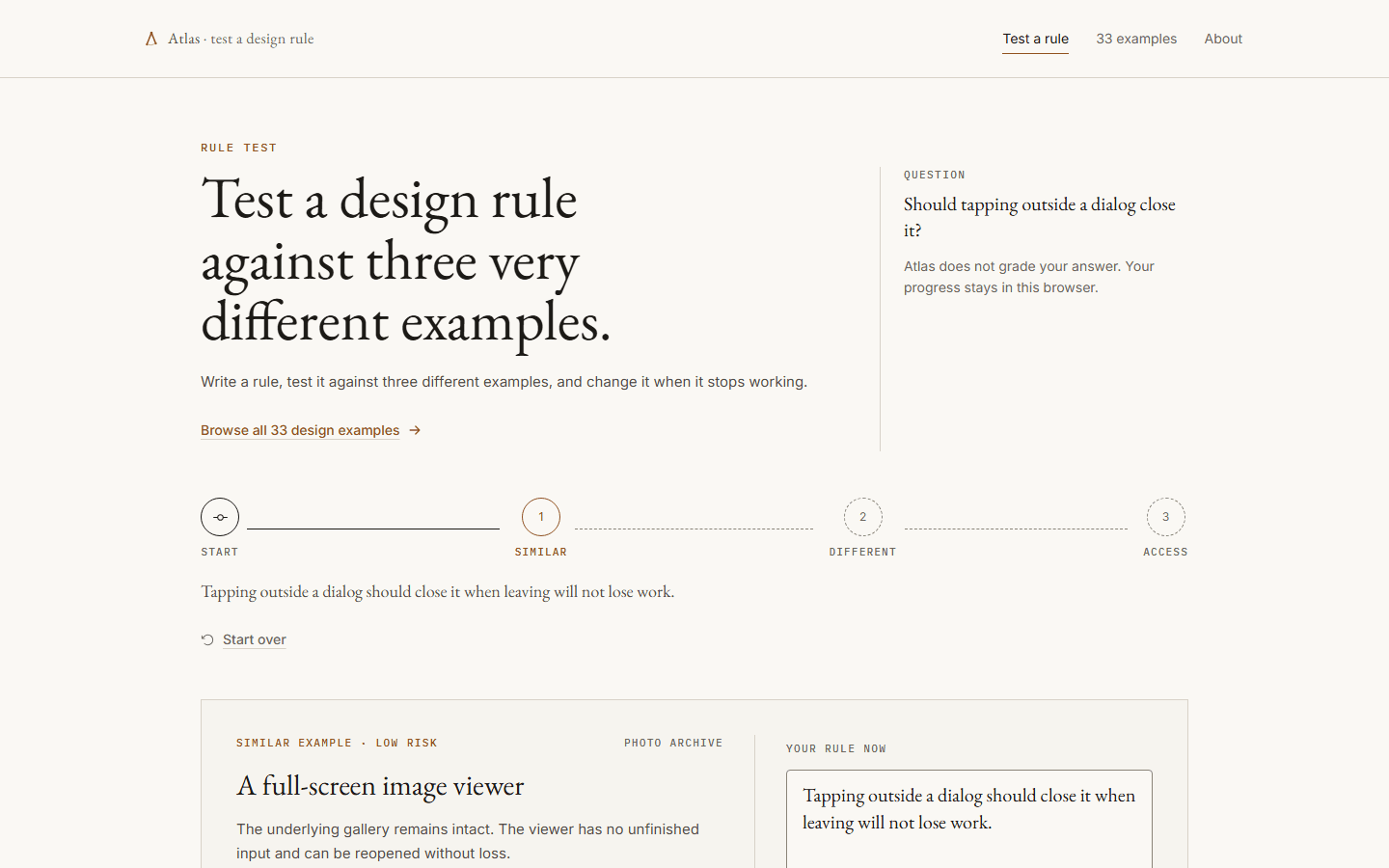 The Atlas rule test: the starting rule editable in place, with the lightbox case ready below.