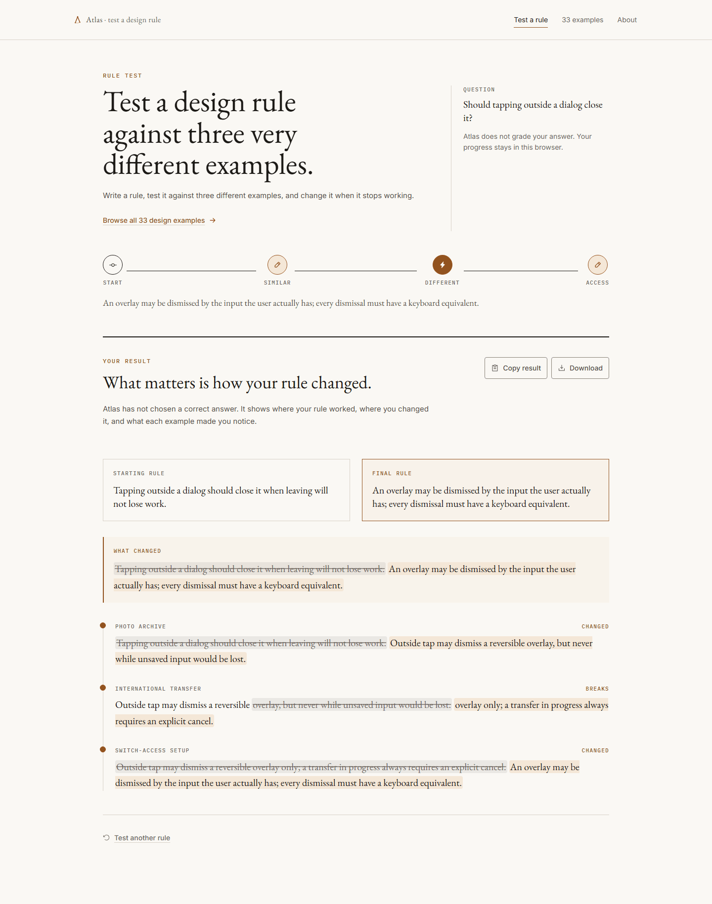 The completed trace: the starting rule, a refinement after the lightbox, a rewrite after the financial transfer, and the final wording after switch access.