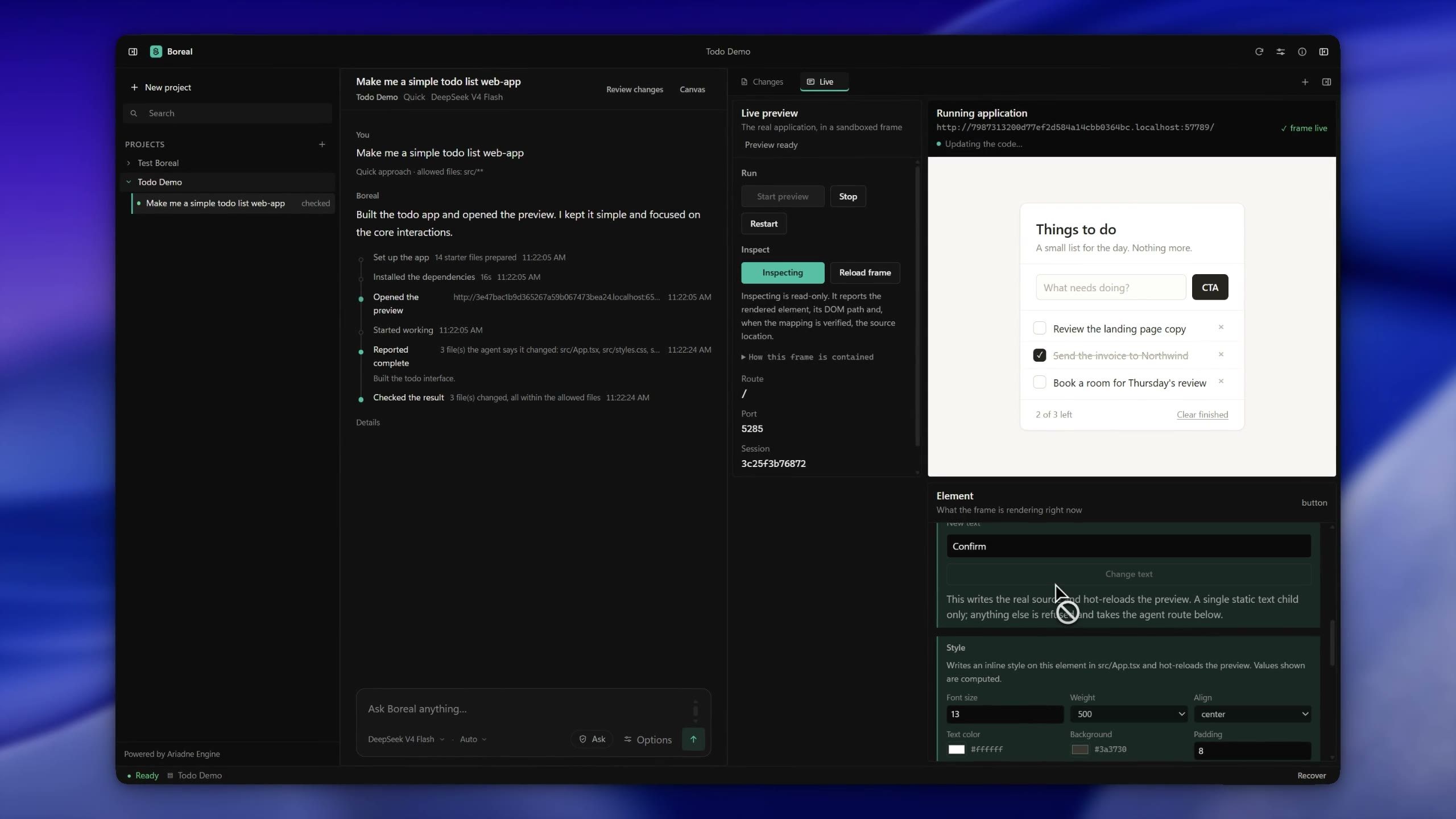 Editing the selected element in Boreal: the text change field and the computed style values beside the running preview.