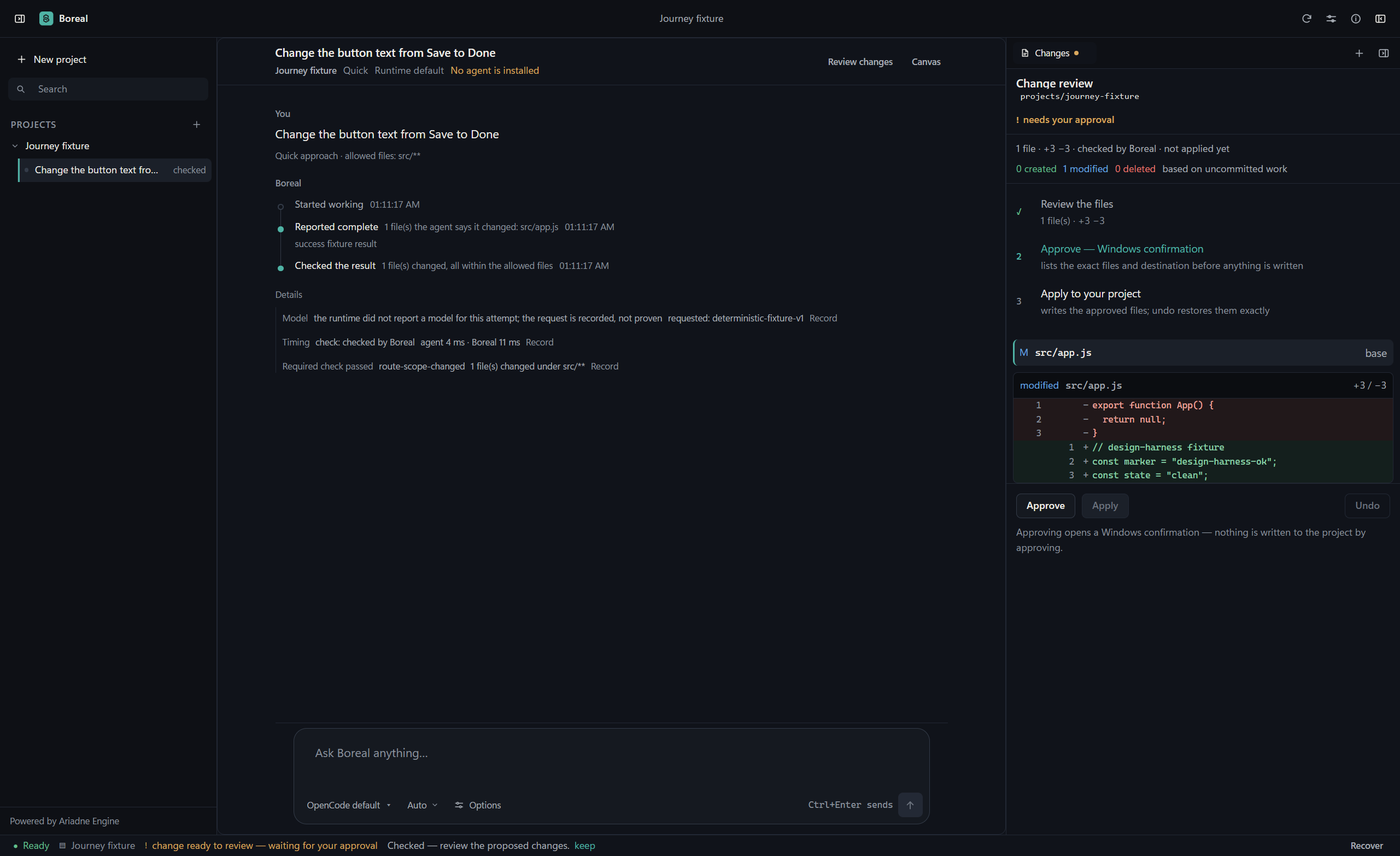 Boreal's change review: a unified diff rendered from verified before/after state, with approve, apply, and roll back.
