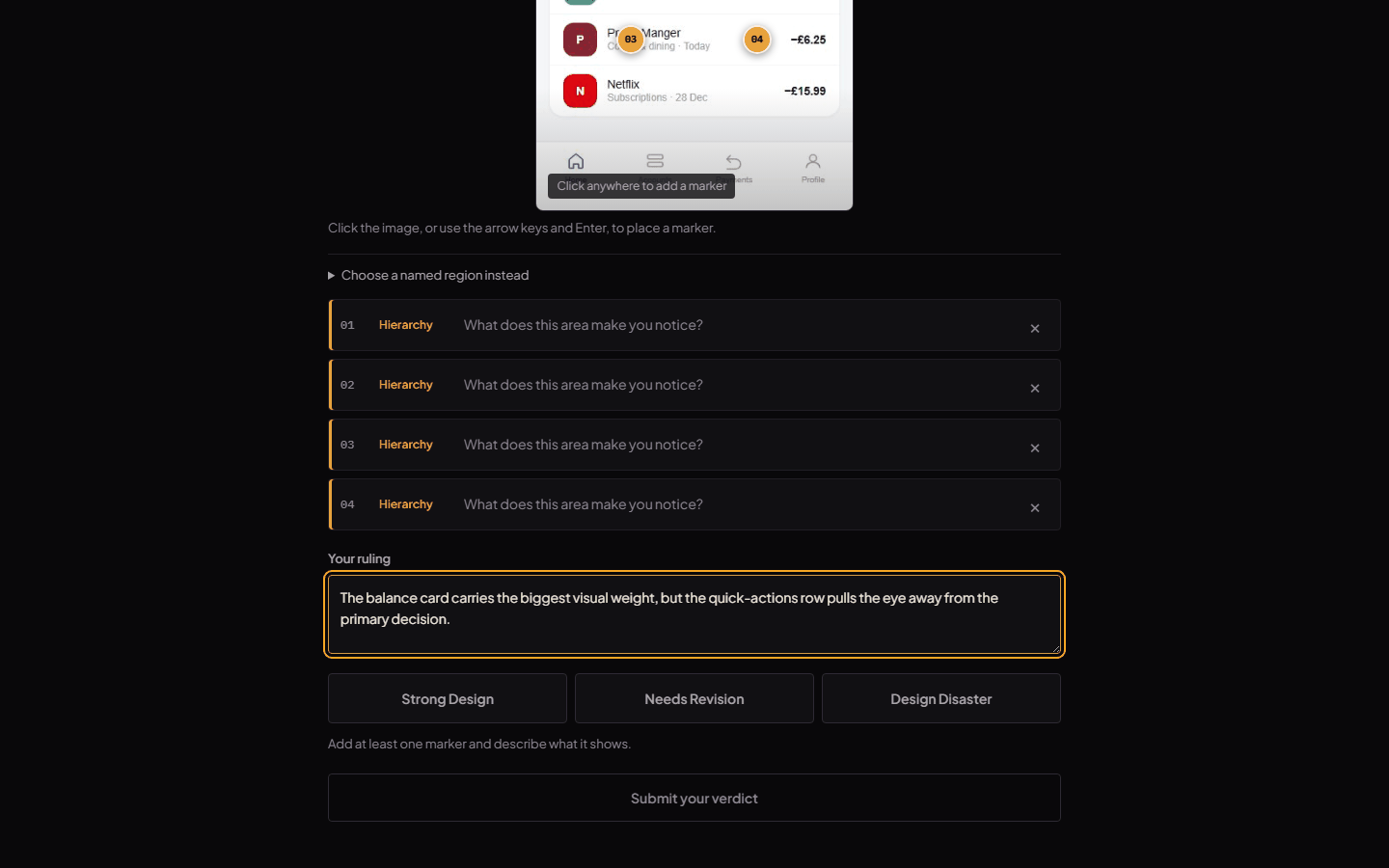 Case 001 on the live archive: a Hierarchy lens chosen, four markers placed on the interface, and the evidence sentence attached before any verdict.