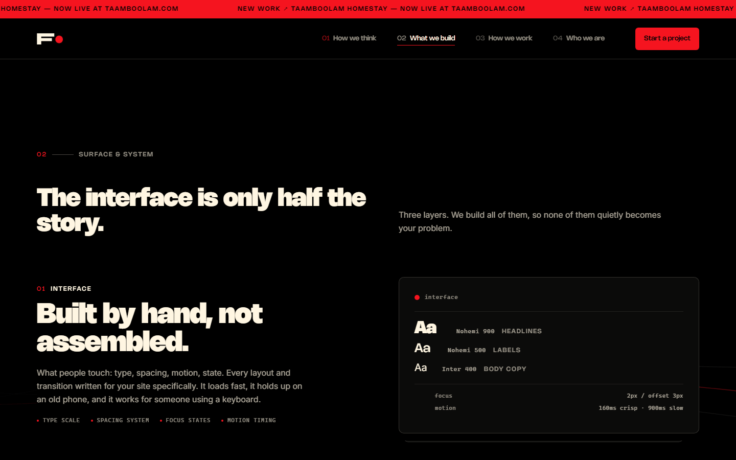 The Fluxion Studios homepage as shipped: the studio's opening section with its navigation, process and founders.
