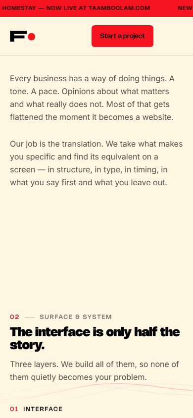 The same homepage on a phone: the sections stack with the enquiry entry remaining reachable.