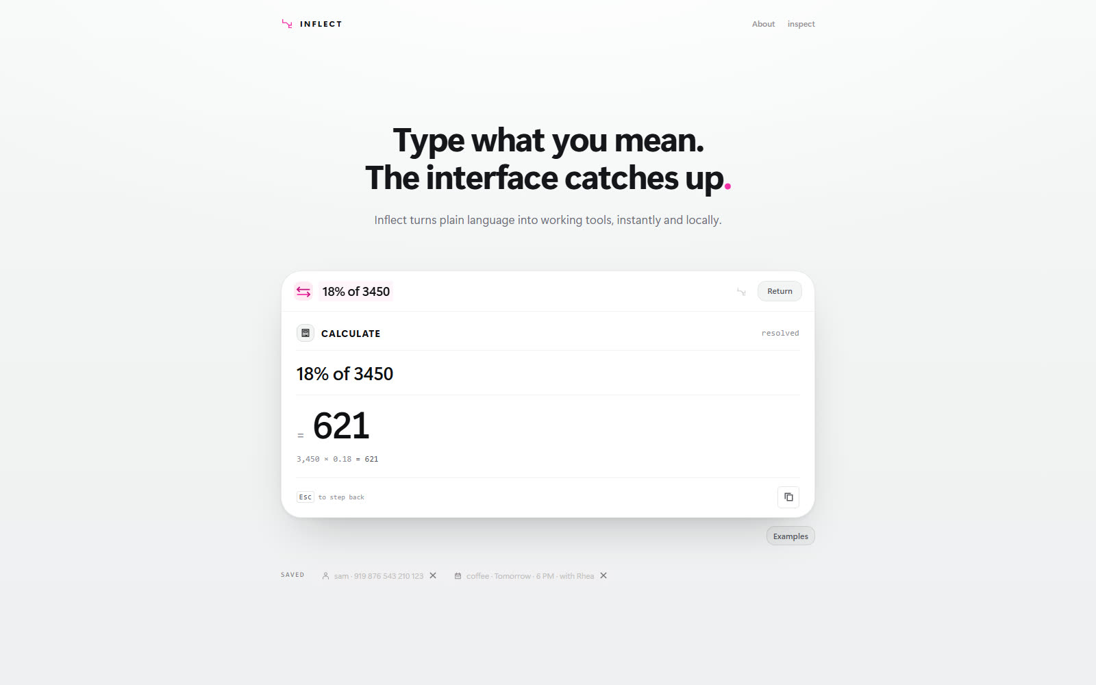 A calculate tool built from a percentage: the result, 621, with the working underneath and the sentence kept above it.