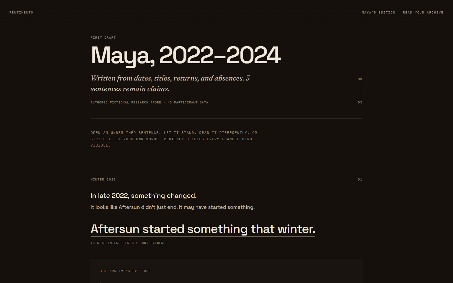 Maya's first draft: three machine-written sentences remain as claims, each underlined for reply.