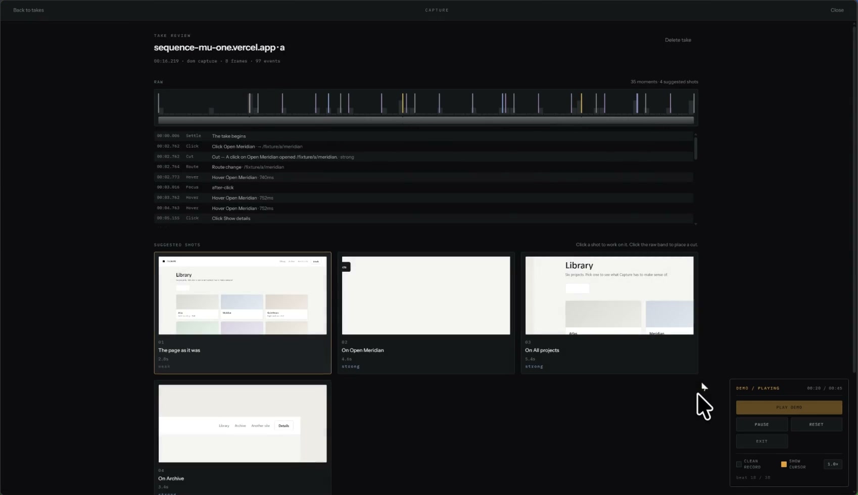 Take review: the recorded events listed in order, with the significant changes marked, and four suggested shots below as thumbnails with their durations.